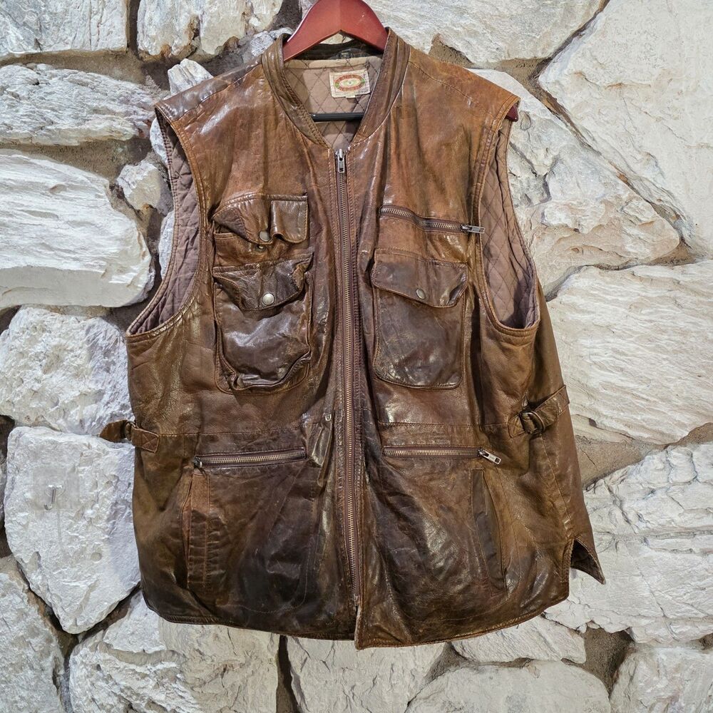 Vintage 90s Banana Republic 100% Leather Safari Vest | Hunting Hiking | Size XL